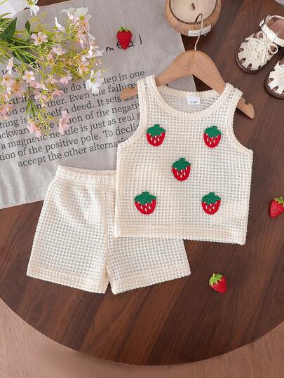 Toddler Girls' Summer Holiday Boho Style Textured Breathable Fabric Sleeveless Top With 3D Strawberry Decor And Comfortable Corn Fabric Breathable Beige Shorts Set, Suitable For Vacation, Casual Outings