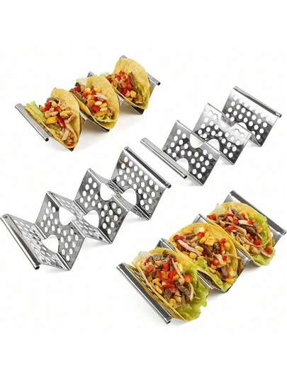 4-Pack Stainless Steel Taco Holders, Premium Taco Stands, Holds 2 Or 3 Tacos Each, Taco Rack With Easy-Access Handle, Oven & Grill Safe (Hollow)