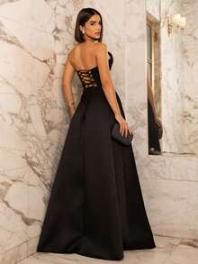 LONG WEDDING PARTY DRESS FOR GODMOTHER, STRAP-FIT, SATIN WITH SEQUINS - BLACK - View 2