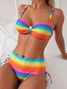 Set bikini pentru femei cu imprimeu curcubeu, costume de baie din două piese cu cupe cu sârmă și bretele ajustabile, țesătură din tricot elastic, festival de muzică, fund cu șnur, îmbrăcăminte de plajă de vară - Multicolor - Vizualizare 6