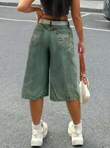Pantalones vaqueros de mujer de tiro alto y pierna ancha con ajuste holgado, con bolsillos bordados con mariposas