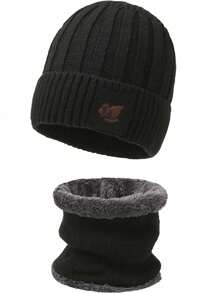 Set de 3 piezas de bufanda y guantes de invierno para adultos, gorro de lana forrado para hombres para exteriores, gorro de punto suave con puño plegable/accesorios de invierno de moda y unicolor para esquiar