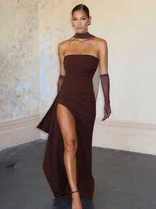 Elisanya 露背露肩紧身开衩连衣裙（配腰带） - 棕色 - 查看 2