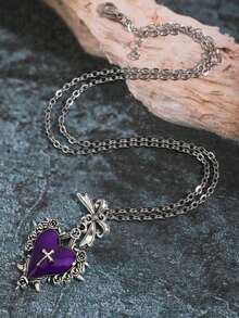 Gothic Y2K Subculture Purple Heart Bow Thorn Pendant Necklace, Unique Design Collarbone Necklace - Purple - View 3