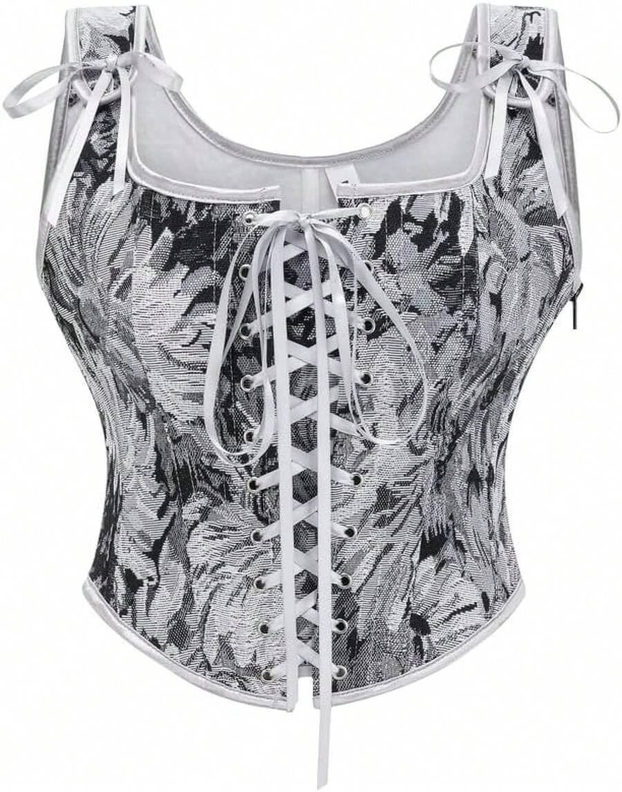 Womens Vintage 1920s Renaissance Lace Trim Corset Bustier, Retro Fashion - 灰色雛菊 - 查看 1