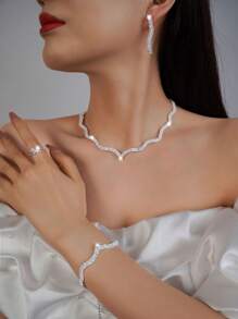 Set de Joyería de 5 piezas con forma de ola de circonita cúbica de lujo, incluyendo aretes, anillo, pulsera y collar, adecuado para bodas, galas, celebraciones, fiestas y cumpleaños