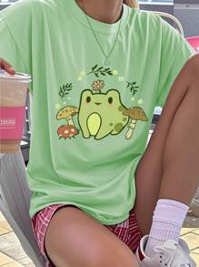 1 pieza Camiseta de manga corta con cuello redondo y estampado gráfico informal para niñas y estudiantes en verano, camiseta de moda joven con estampado de letra en inglés que inspira