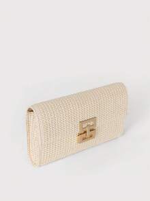 女士扭锁翻盖草编沙滩包链条编织钱包手包