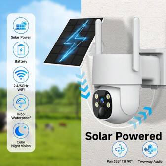 1PC Outdoor Wireless Solar Security Camera With Solar Panel - 2K 4MP HD Color Night Vision And Automatic Spotlight, 350° Pan-Tilt-Zoom, Solar Powered Security System, AI People/Pet Detection, Two-Way Talk, IP65 Weatherproof, No WiFi Wiring Required, Encrypted Cloud Storage