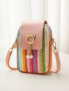 1 件女孩休闲街头风格可爱迷你斜挎手机钱包带零钱包 - 编织面料设计，磁性按扣，涤纶衬里，可调节肩带，适合外出、聚会、度假 - 结构 - 編織手機包 - 查看 9