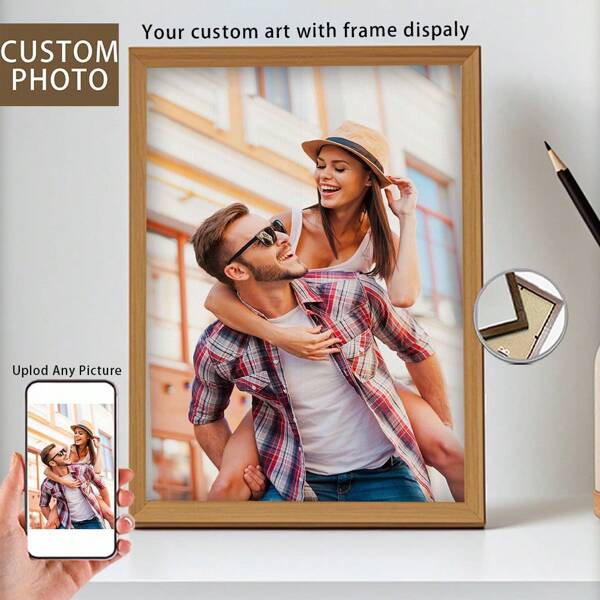 1 Pc, Custom Photo, Polished Plexiglass Wooden Frame,Valentine's Day Style,Personalized Canvas Printed Poster Art, Perfect For Families, Couples, Pets' Memories, And A Perfect Gift For Anniversaries