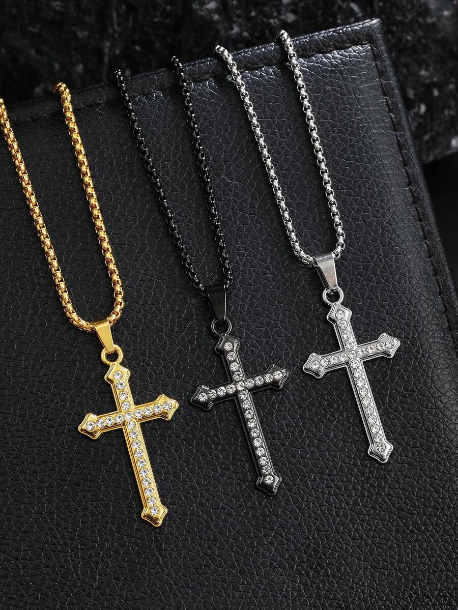 1pc Fashionable Minimalist Personalized Rhinestone Stainless Steel Cross Necklace, Wholesale Cross-Border High-End Long Black Sweater Chain, Fully Rhinestone Cross Pendant Necklace, European And American Hip Hop Charms Pendant, Household Holiday Birthday Gift For Men Daily Wear - New Diamond Cross Necklace - View 1
