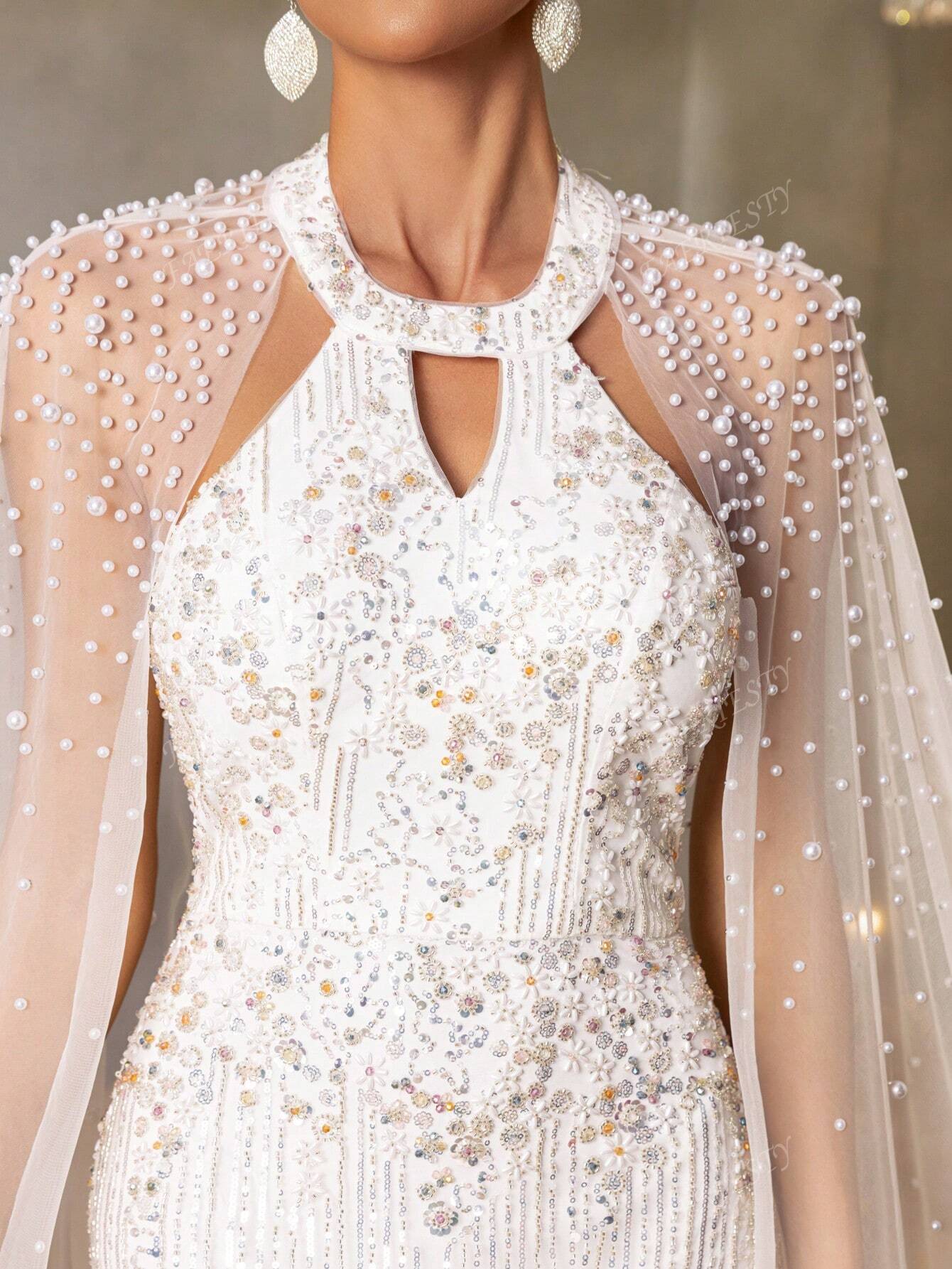 Faeriesty فستان سهرة أنيق بتطريز اللؤلؤ على شكل حو...