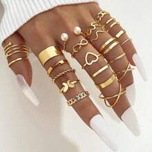 22 件时尚小众多件套戒指套装，堆叠设计心形和蝴蝶开口戒指