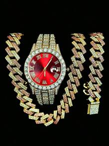 Set de joyería de 3 piezas estilo europeo y americano hip-hop con diamantes completos, reloj, collar y pulsera con rhinestones, correa de metal y calendario, regalo para estudiantes hombres y mujeres