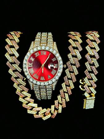 3pcs/Set European & American Style Hip Hop Diamond Decorated Watch, Necklace & Bracelet Set, Quartz Steel Band Calendar Watch, Gift For Male & Female Students