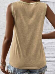 Bohemian Resort Wear Plus Size Women's Plus Size Spring And Summer Fashion Simple Vacation Solid Color Gold Satin Edge Sleeveless V-Neck Vest T-Shirt Brunch Outfits For Women