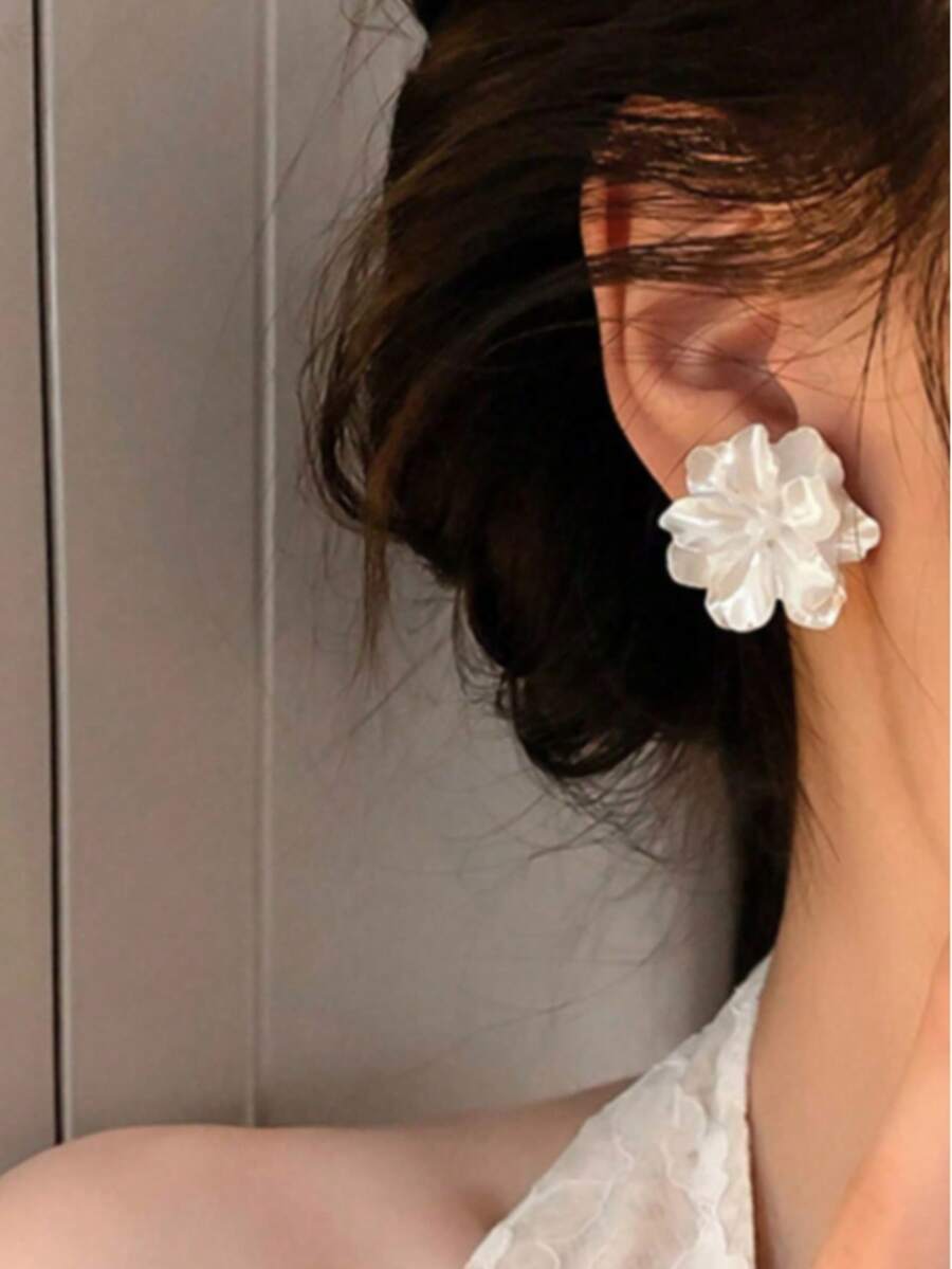 1 对新娘白色花朵耳环，复古法式网状花卉耳环，优雅时尚的耳环，适合女性日常佩戴 - 白色花朵 - 查看 1