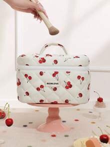 1/3件套绗缝化妆包，饰有蝴蝶结和玫瑰图案，时尚便携化妆包，多功能化妆收纳手提包，带拉链刷架，大容量旅行洗漱包，轻盈蓬松填充，适合旅行收纳，可装口红、卫生巾、硬币、钥匙等，可爱旅行收纳包，母亲节礼物，情人节礼物，周年纪念礼物，开学礼物 - 櫻桃 - 查看 12