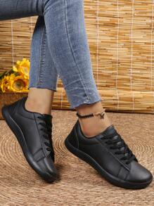 Plus Size Women's Minimalist Leather Front Lace-Up Barefoot Outdoor Sports Shoes, Casual Non-Slip Sneakers - Black - View 5