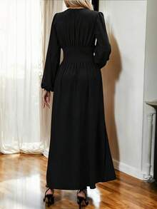 Maxi Vestido Elegante de Manga Larga y Escote en V Profundo con Abertura Lateral Alta en Pierna para Mujer - Negro - Ver 4