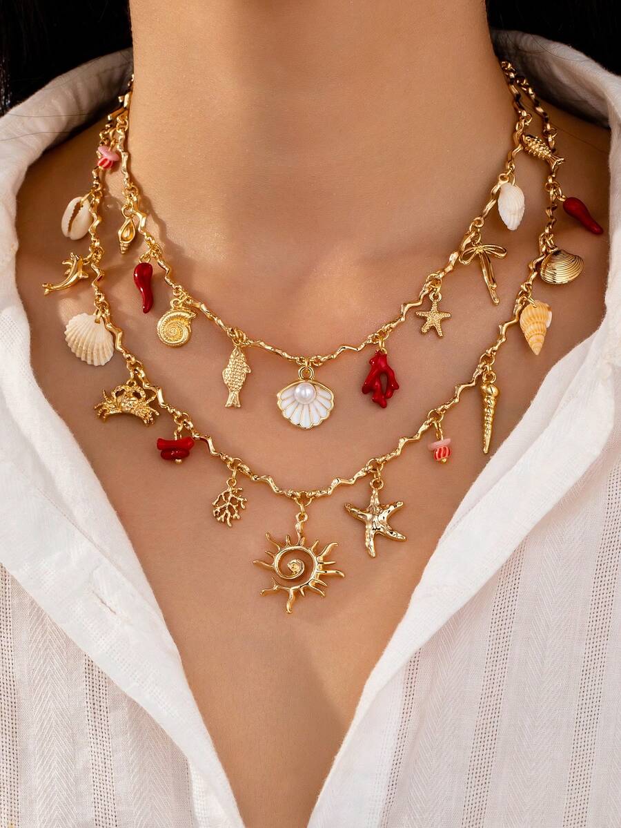 2 Pcs Summer Ocean Style Shell Coral Starfish Charm Necklaces Set, Women Beachy Style Necklace Jewelry, Starfishes Pendant, Seashell Necklaces Suitable For Vacation, Daily Wear - Multicolor - View 1