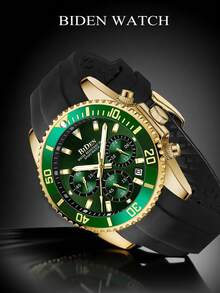 BIDEN Men's Watch Diving Bezel Chronograph Waterproof Luminous Design Rubber Strap Sports Analog Date - Green - View 5
