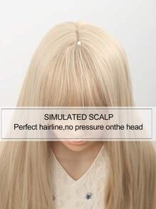 儿童长款金色直发假发，带刘海的儿童金色假发，女童浅金色长款假发，合成假发