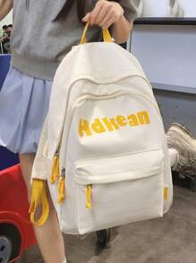 1pc White Nylon Casual Collegiate Style Letter Print Large Capacity Foldable Quilted Multi-Pocket Zipper Backpack, Suitable For Daily School, Training, Women's Commute, Outing, Shopping, Travel, Vacation, Gifts For Back To School And Graduation Season