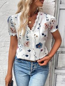 Plus Size Elegant Casual Floral Lace Ruffle Hem Blouse, Spring/Summer - White - View 2