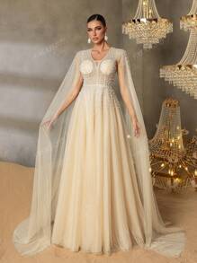 Faeriesty Vestido de noche lujoso con cuello en V abotonado, mangas elongadas y falda en línea A de Faeriesty - Elegante para galas de alfombra roja, ceremonias de entrega de premios de etiqueta negra, bodas de alto perfil, bailes de gala por la noche, eventos de caridad formales
