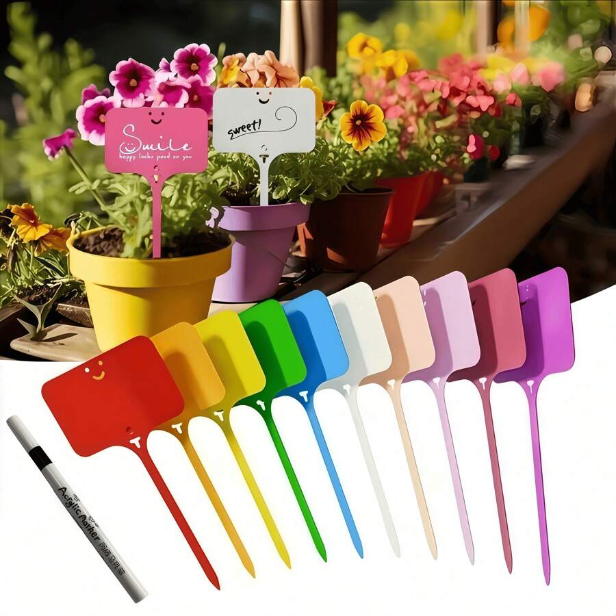 50 piezas de etiquetas reutilizables en forma de T para plantas de jardín, marcadores de tinta permanente resistentes a la intemperie, etiquetas de plástico para plantas en macetas interiores/exteriores, cuidado del césped y el jardín