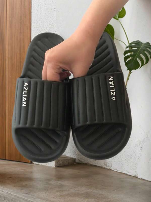 Nuevas zapatillas de interior de suela gruesa y unicolor con rayas y letras, resistentes al agua, de secado rápido y antideslizantes para el baño, dormitorio, oficina y parejas, unisex, para todo el año