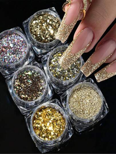 6件/套美甲亮片粉，6种颜色，每色0.5克，夏季美甲亮片装饰，闪亮仿珍珠美甲饰品，美甲宝石，DIY美甲用品