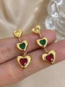 1 对女士心形吊坠耳环时尚彩色吊坠耳环不锈钢耳环派对日常珠宝生日礼物 - 彩色 - 查看 1