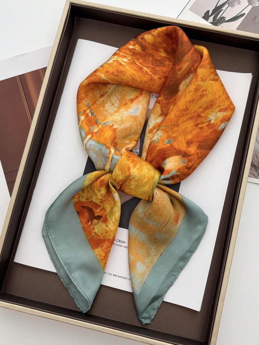 1 pieza Pañuelo de seda sintética estampado, pañuelo pequeño multifuncional y a la moda, adecuado para uso diario - Multicolor - Ver 1