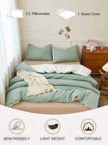 2/3件套浅绿色和白色双面被套套装，纯色柔软亲肤被套套装，简约风格双面被套套装，舒适柔软透气，适用于单人/双人/加大/特大号床 - 卧室、客房、宿舍的理想之选，1件被套配1/2个枕套（不含填充物），可机洗床上用品 - 綠色+白色 - 查看 2