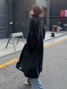 女士纯色落肩长袖宽松长款休闲保暖长款毛绒外套，适合秋冬季、休闲、商务女性、冬季女士外套、秋季女士、返校节、纯色前开宽松针织休闲长袖长款外套 - 黑色 - 查看 1