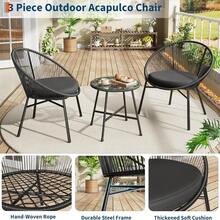 3 Pieces Outdoor Acapulco Chair Patio Bistro Set, All-Weather Patio Conversation Bistro Set With Glass Top Table  2 Chairs W/ Soft Cushion, Outdoor Rattan Patio Furniture Set For Balcony, Pool, Garden - Black - View 6