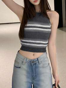 Áo len cổ yếm cắt ngắn sọc tương phản mới, vừa vặn & đa năng, họa tiết ngẫu nhiên - màu đen - Xem 5