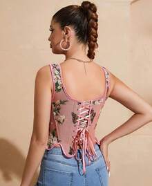 Womens Vintage 1920s Renaissance Lace Trim Corset Bustier, Retro Fashion - 粉紅蝴蝶 - 查看 3
