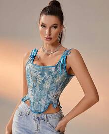 Womens Vintage 1920s Renaissance Lace Trim Corset Bustier, Retro Fashion - 藍色雛菊 - 查看 4