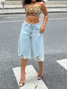 女士夏季复古水洗牛仔百慕大短裤 - 破洞流苏点缀街头风时尚牛仔下装 - 淺色水洗藍 - 查看 4