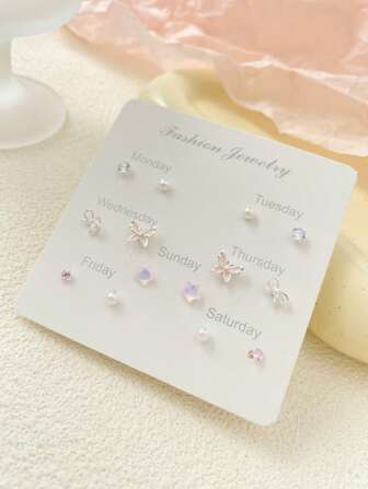 1 Set Of 7 Pairs Simple Versatile Pink Butterfly Zirconia Stud Earrings, Multiple Wear Earrings For Women