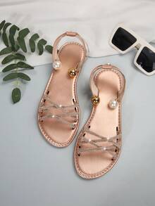 新款夏季女士金属仿珍珠装饰休闲平底凉鞋，清新时尚，沙滩鞋 - 香檳色 - 查看 6