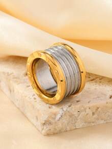 1pc Stainless Steel Exaggerated Round Hoop With Roman Numeral Decoration, Unisex Daily/Formal/Gift Finger Ring Jewelry - Gold - View 2