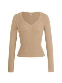 Vaiaye 女士性感修身针织长袖上衣，纯色V领T恤，适合情人节及春季休闲穿着 - 駝色 - 查看 3
