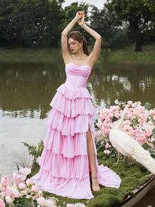 Faeriesty Váy tốt nghiệp bằng vải satin không dây sang trọng với nhiều lớp voan nhún bèo và dây buộc chéo phía sau - Váy trang trọng cho tiệc sinh nhật, tiệc cưới, dạ tiệc và sự kiện tối lãng mạn - Hồng - Xem 4