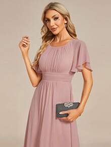 Vestido de dama de honor elegante con mangas con volantes y plisado de gasa rosa para mujer en otoño, vestido formal para invitados de boda