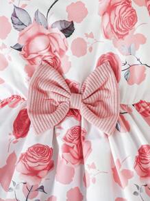 2 件套女童春秋时尚荷叶边下摆夹克搭配精致蝴蝶结花卉印花无袖连衣裙两件套服装，可爱又生动